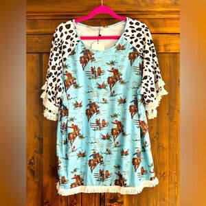 Western/animal print top with fringe NWT 2X